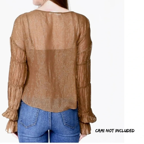 Amanda Uprichard Silk Blouse. Harvest Brown Metallic Gold. Semi Sheer. - Picture 2 of 11